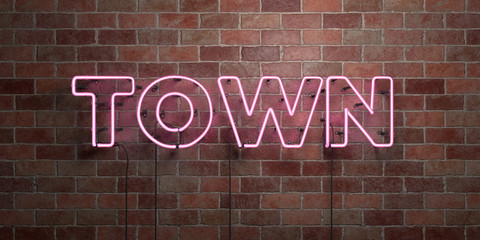 TOWN - fluorescent Neon tube Sign on brickwork - Front view - 3D rendered royalty free stock picture. Can be used for online banner ads and direct mailers..