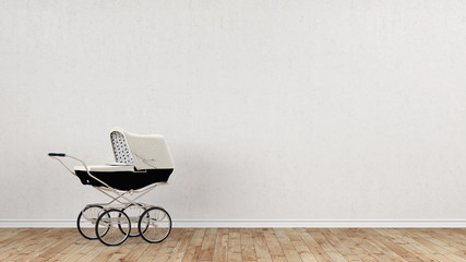 White stroller in front of concrete wall - 137912994