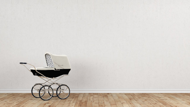 White stroller in front of concrete wall