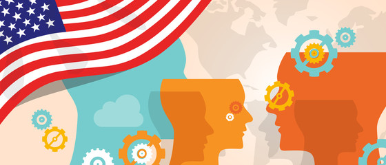 USA United States of America concept of thinking growing innovation discuss country future brain storming under different view represented with heads gears and flag