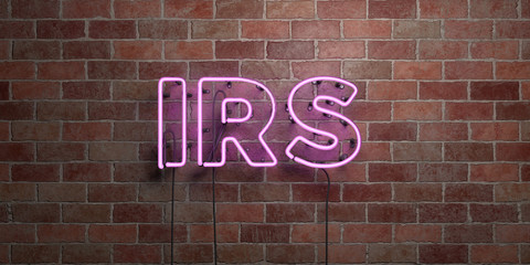 IRS - fluorescent Neon tube Sign on brickwork - Front view - 3D rendered royalty free stock picture. Can be used for online banner ads and direct mailers..