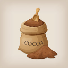 Bag of freshly ground cocoa, cocoa powder wooden spoon. Vector illustration