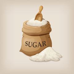 Sugar with scoop in burlap sack. Vector illustration