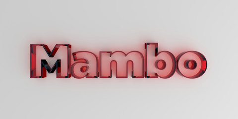 Mambo - Red glass text on white background - 3D rendered royalty free stock image.