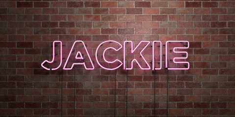 JACKIE - fluorescent Neon tube Sign on brickwork - Front view - 3D rendered royalty free stock picture. Can be used for online banner ads and direct mailers..