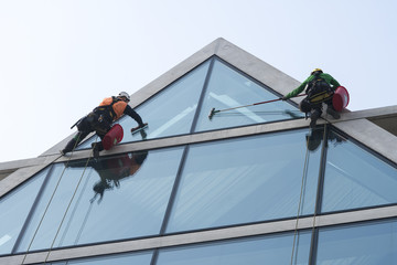 Window washers cleaning the glass facade of a modern building, high risk work.