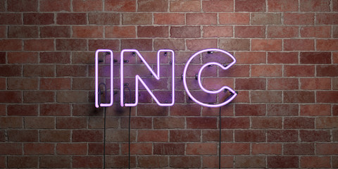 INC - fluorescent Neon tube Sign on brickwork - Front view - 3D rendered royalty free stock picture. Can be used for online banner ads and direct mailers..