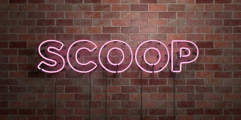 SCOOP - fluorescent Neon tube Sign on brickwork - Front view - 3D rendered royalty free stock picture. Can be used for online banner ads and direct mailers..