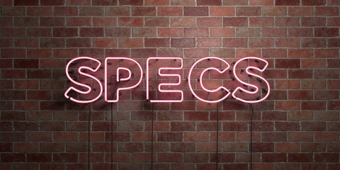 SPECS - fluorescent Neon tube Sign on brickwork - Front view - 3D rendered royalty free stock picture. Can be used for online banner ads and direct mailers..