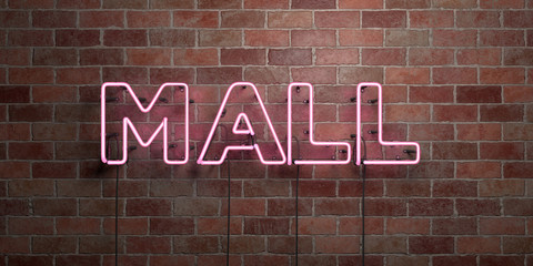 MALL - fluorescent Neon tube Sign on brickwork - Front view - 3D rendered royalty free stock picture. Can be used for online banner ads and direct mailers..