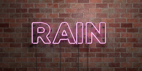 RAIN - fluorescent Neon tube Sign on brickwork - Front view - 3D rendered royalty free stock picture. Can be used for online banner ads and direct mailers..