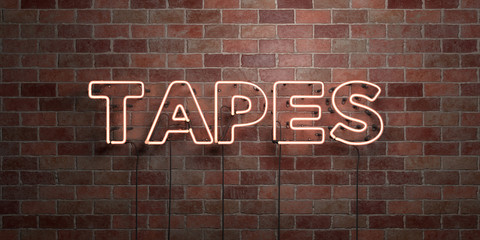 TAPES - fluorescent Neon tube Sign on brickwork - Front view - 3D rendered royalty free stock picture. Can be used for online banner ads and direct mailers..