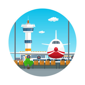 Icon Airport , View on Airplane and Control Tower through the Window from a Waiting Room , Travel and Tourism Concept, Flat Design, Vector Illustration