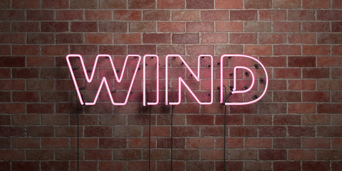 WIND - fluorescent Neon tube Sign on brickwork - Front view - 3D rendered royalty free stock picture. Can be used for online banner ads and direct mailers..