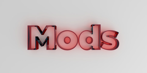Mods - Red glass text on white background - 3D rendered royalty free stock image.