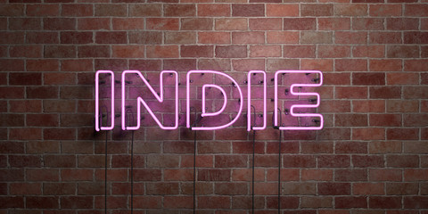 INDIE - fluorescent Neon tube Sign on brickwork - Front view - 3D rendered royalty free stock picture. Can be used for online banner ads and direct mailers..