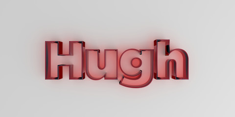 Hugh - Red glass text on white background - 3D rendered royalty free stock image.