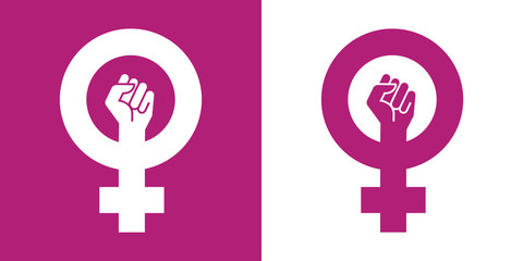 Icono plano simbolo feminismo con puño violeta y blanco