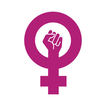 Icono plano simbolo feminismo con puño en fondo blanco 