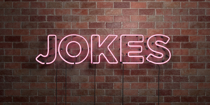 JOKES - fluorescent Neon tube Sign on brickwork - Front view - 3D rendered royalty free stock picture. Can be used for online banner ads and direct mailers..