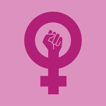 Icono plano simbolo feminismo con puño en fondo violeta