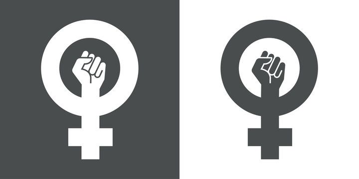 Icono plano simbolo feminismo con puño gris y blanco