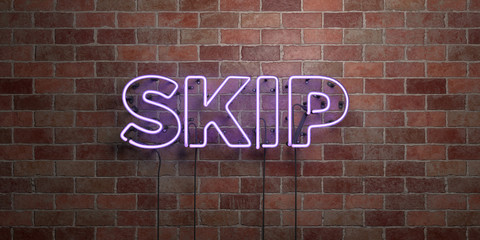 SKIP - fluorescent Neon tube Sign on brickwork - Front view - 3D rendered royalty free stock picture. Can be used for online banner ads and direct mailers..