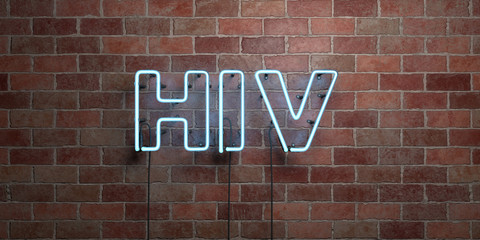 Obraz premium HIV - fluorescent Neon tube Sign on brickwork - Front view - 3D rendered royalty free stock picture. Can be used for online banner ads and direct mailers..