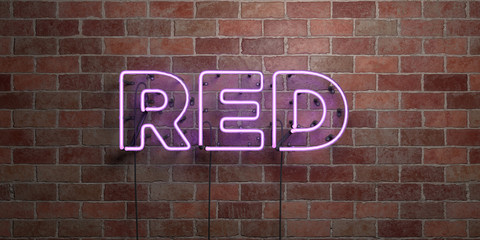 RED - fluorescent Neon tube Sign on brickwork - Front view - 3D rendered royalty free stock picture. Can be used for online banner ads and direct mailers..