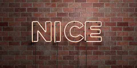 NICE - fluorescent Neon tube Sign on brickwork - Front view - 3D rendered royalty free stock picture. Can be used for online banner ads and direct mailers..