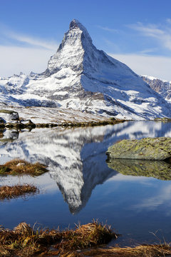 Alps Peak Matterhorn with reflection on the Stellisee Lake, Zermatt, Switzerland
