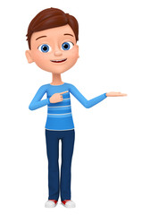 Boy isolated on white background finger points to an empty space. 3d render illustrations.