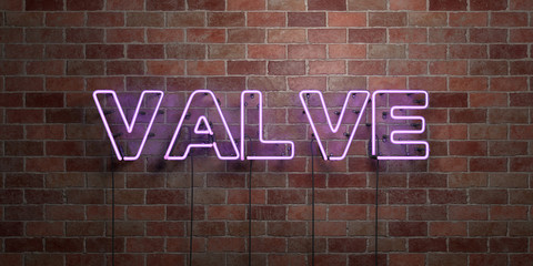 VALVE - fluorescent Neon tube Sign on brickwork - Front view - 3D rendered royalty free stock picture. Can be used for online banner ads and direct mailers..