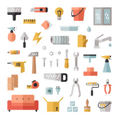 Home repair and construction flat big icon set (vector).