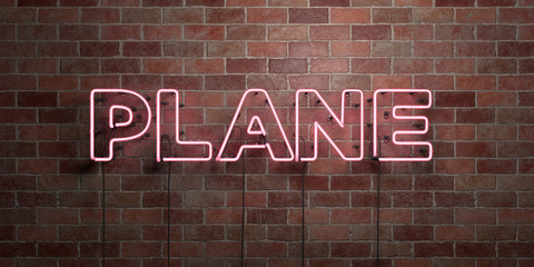 PLANE - fluorescent Neon tube Sign on brickwork - Front view - 3D rendered royalty free stock picture. Can be used for online banner ads and direct mailers..