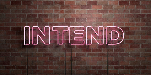 INTEND - fluorescent Neon tube Sign on brickwork - Front view - 3D rendered royalty free stock picture. Can be used for online banner ads and direct mailers..