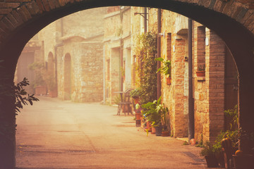 Narrow street of medieval San Quirico d'Orcia city with arch, green plants and cobblestone, travel foggy morning Italy background. Vintage hipster style.