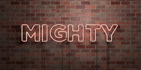 MIGHTY - fluorescent Neon tube Sign on brickwork - Front view - 3D rendered royalty free stock picture. Can be used for online banner ads and direct mailers..