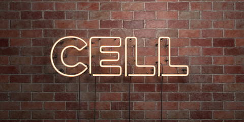 Fototapeta premium CELL - fluorescent Neon tube Sign on brickwork - Front view - 3D rendered royalty free stock picture. Can be used for online banner ads and direct mailers..