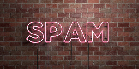 SPAM - fluorescent Neon tube Sign on brickwork - Front view - 3D rendered royalty free stock picture. Can be used for online banner ads and direct mailers.. - obrazy, fototapety, plakaty