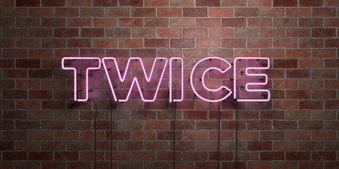TWICE - fluorescent Neon tube Sign on brickwork - Front view - 3D rendered royalty free stock picture. Can be used for online banner ads and direct mailers..