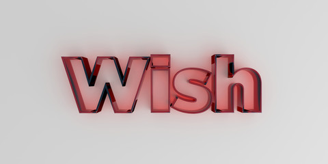 Wish - Red glass text on white background - 3D rendered royalty free stock image.