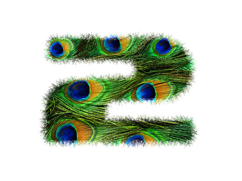 High resolution font number 2 made of peacock feathers pattern isolated on white background