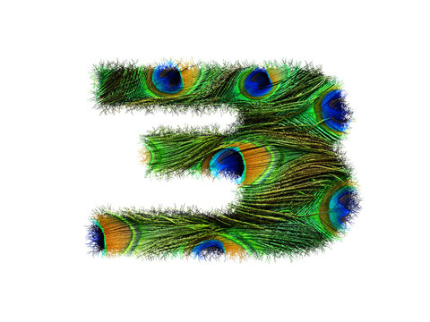 High resolution font number 3 made of peacock feathers pattern isolated on white background