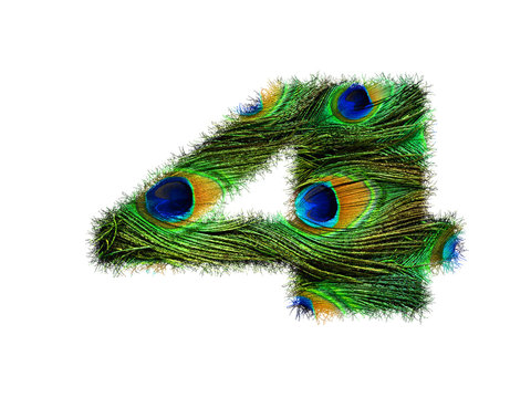 High resolution font number 4 made of peacock feathers pattern isolated on white background