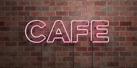 CAFE - fluorescent Neon tube Sign on brickwork - Front view - 3D rendered royalty free stock picture. Can be used for online banner ads and direct mailers..