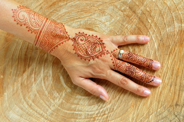 Close-up of woman hand on the tree. Indian henna tattoo