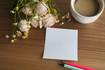 Rose and daisy bouquet with coffe and sticker and pencils