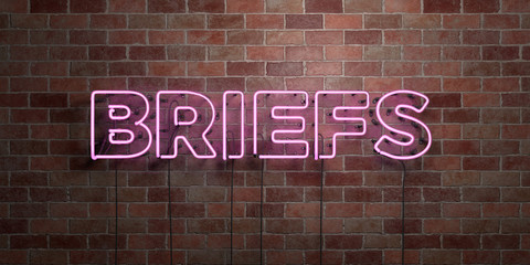BRIEFS - fluorescent Neon tube Sign on brickwork - Front view - 3D rendered royalty free stock picture. Can be used for online banner ads and direct mailers..