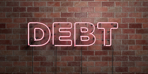 Fototapeta premium DEBT - fluorescent Neon tube Sign on brickwork - Front view - 3D rendered royalty free stock picture. Can be used for online banner ads and direct mailers..